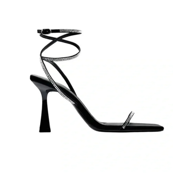 ZARA BRAND BLACK HEELED SANDALS WITH RHINESTONE STRAPS size35 size 5US - Picture 2 of 9